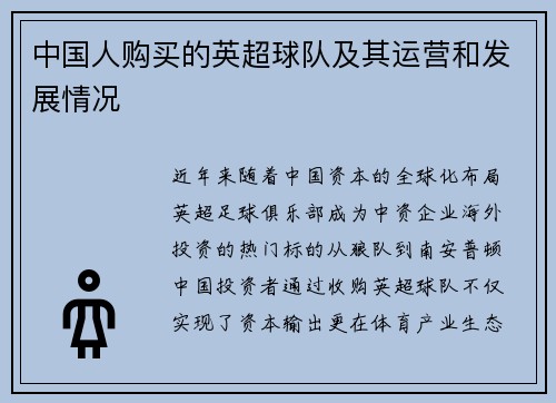 中国人购买的英超球队及其运营和发展情况