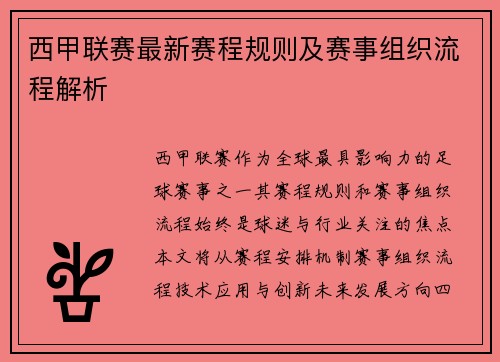 西甲联赛最新赛程规则及赛事组织流程解析